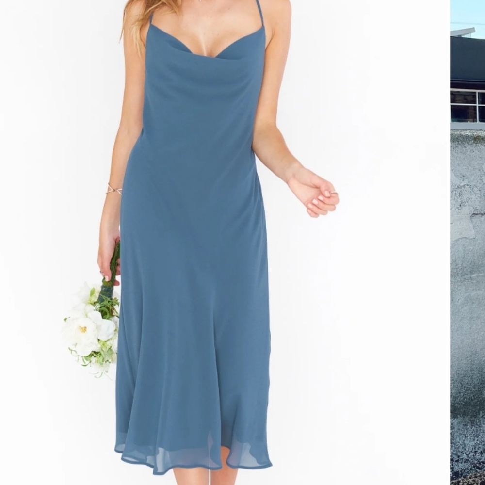 NEW $168 show me your mumu dusty blue Cowl dress